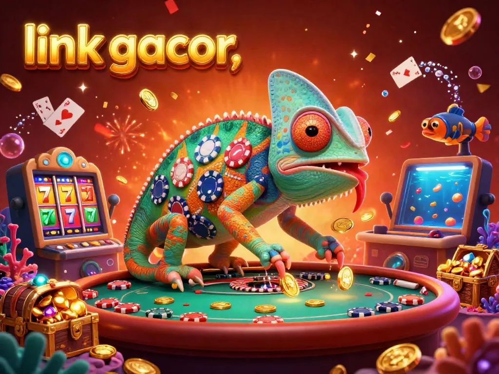 Experience the thrill of link gacor with vibrant gaming elements and a colorful chameleon casino owner.