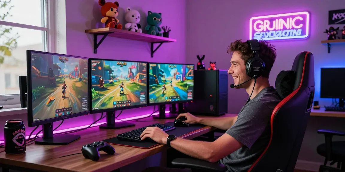 Gamer in immersive workspace with vibrant game graphics and colorful decor, showcasing sc88 gaming culture.