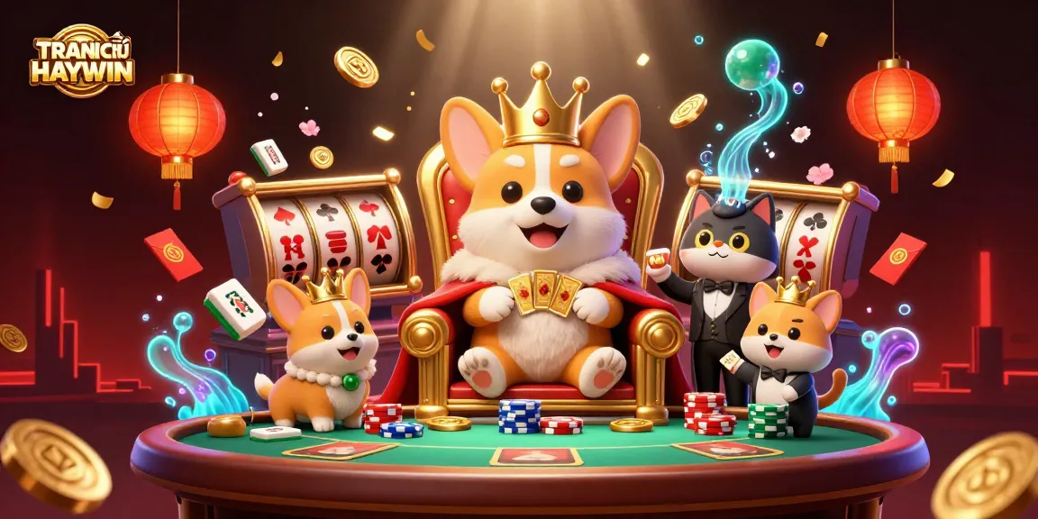 Capture the excitement at TRANG CHỦ HAYWIN with royal corgis and vibrant casino elements of slots and poker.