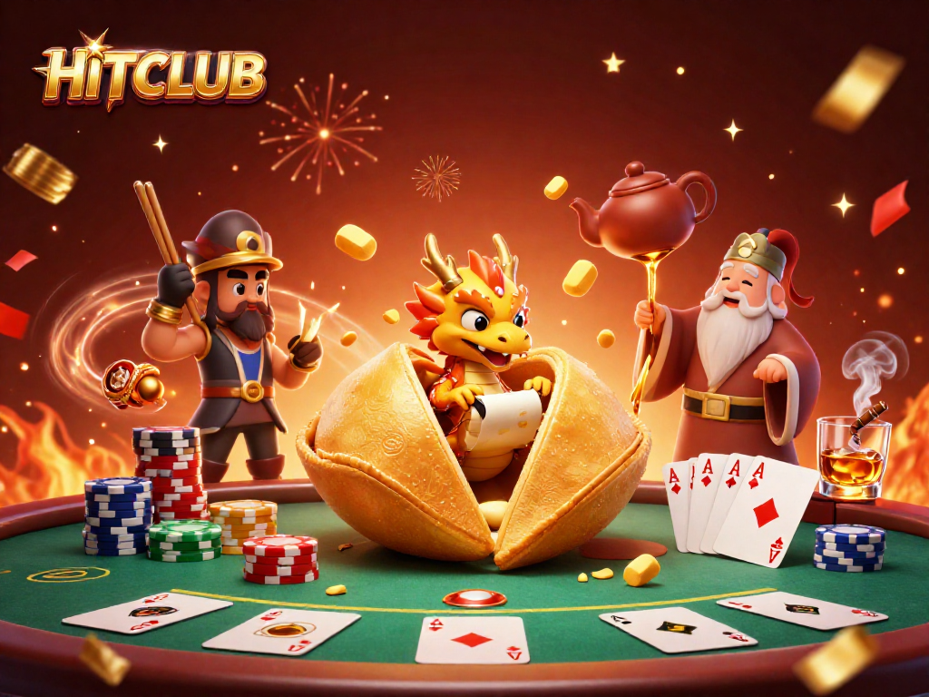 Experience excitement with HITCLUB's dynamic casino scene showcasing poker table and magical fortune cookie.