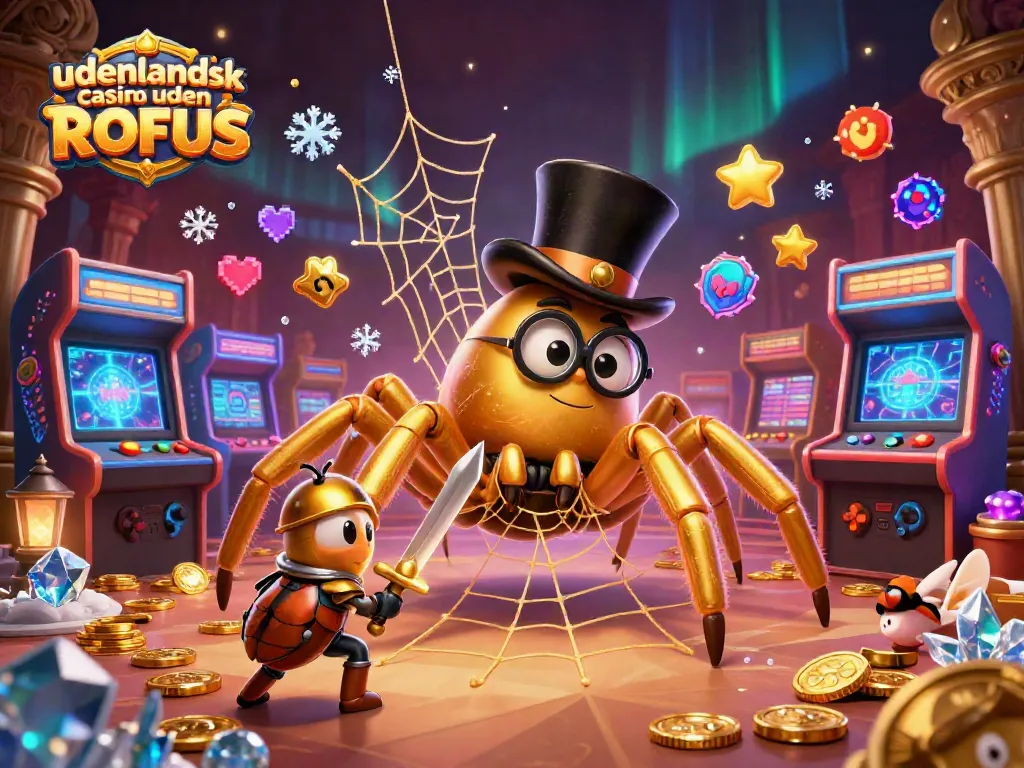 Engage with udenlandsk casino uden ROFUS featuring a brave beetle knight and a golden tarantula weaving webs.