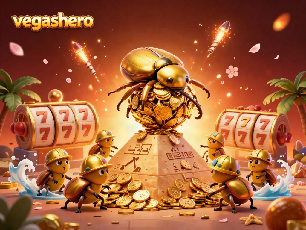 Engage with vegashero's dynamic golden beetles in a vibrant casino-themed illustration.