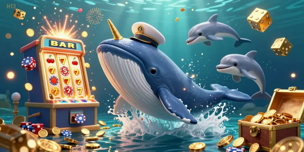 Engage with H13's exciting gaming world featuring playful marine characters amidst a vibrant jackpot scene.