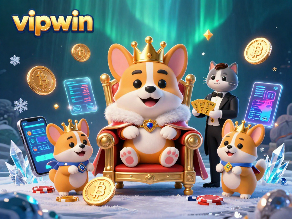Join the vipwin fun with a royal corgi and a cat butler presenting golden cards.
