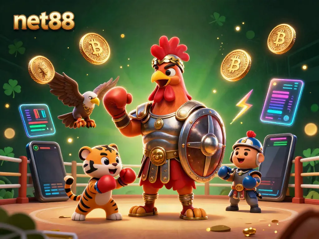 Engage with net88's thrilling online cockfighting experience featuring a gladiator rooster.