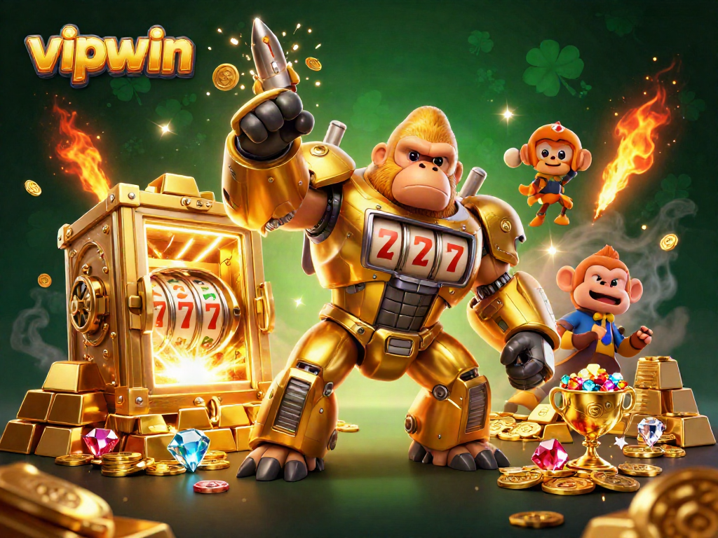 Experience the thrill of winning at vipwin with a golden mech gorilla reward scene bursting with excitement.