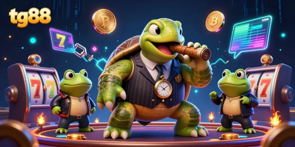 Experience the thrill of tg88 with a whimsical illustration of gaming characters in a vibrant casino scene.