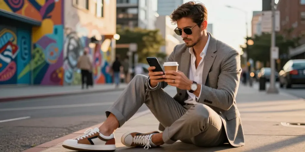 Stijlvolle man in herenmode met moderne blazer en casual outfit in de stad