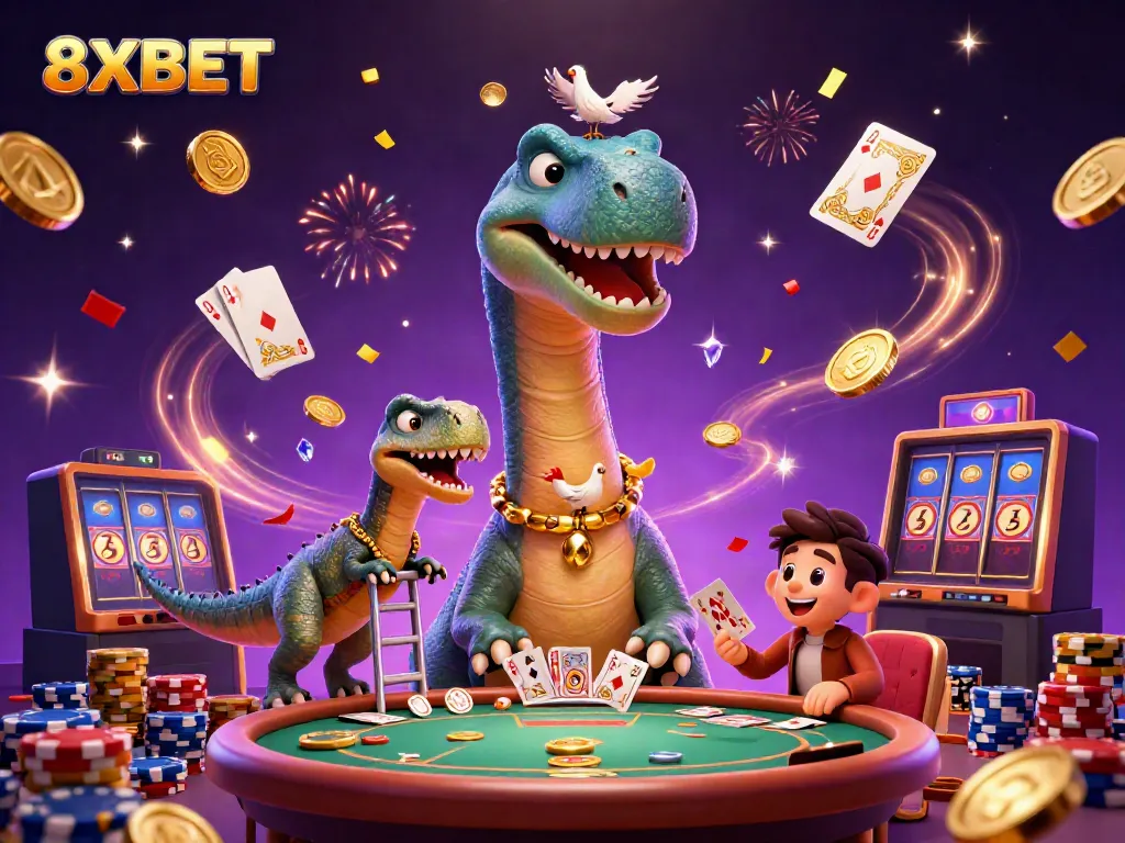 Enjoy thrilling gaming at 8XBET with a lively casino scene featuring dynamic characters and poker action.