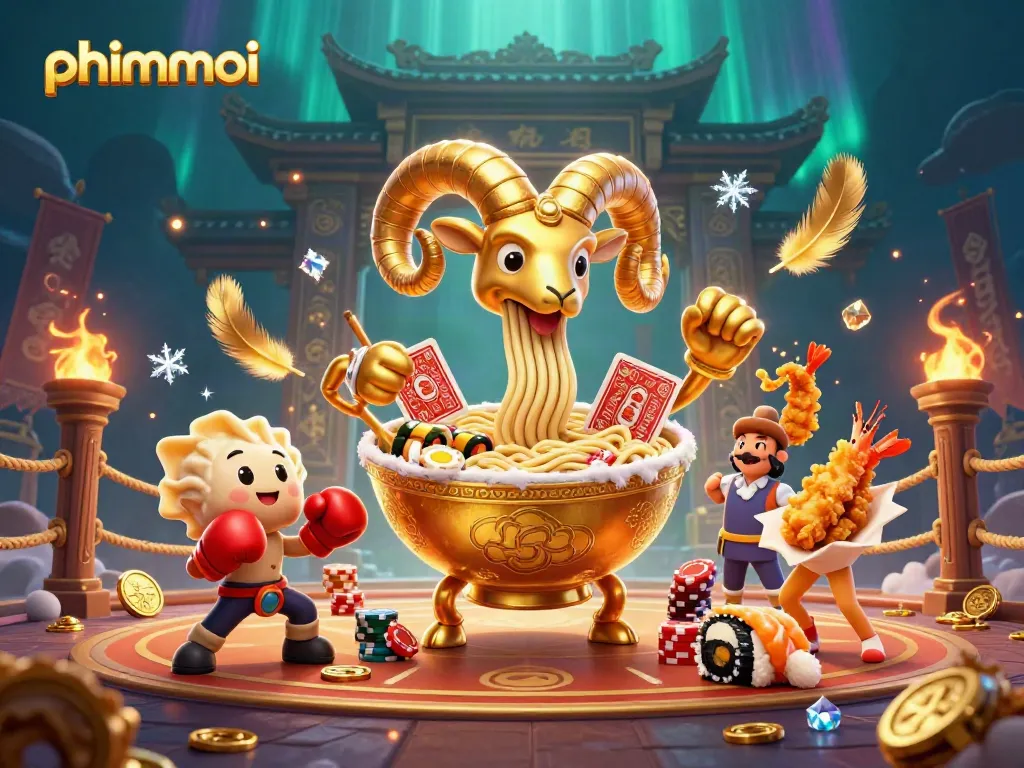 Deal phimmoi betting cards in a vibrant, action-packed casino scene with unique food-themed characters.