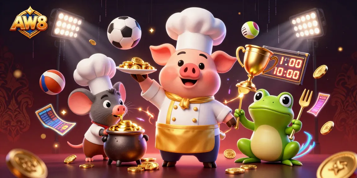 AW8 showcases a lively casino scene with a chef pig offering gold coins, engaging sports elements, and dynamic imagery.