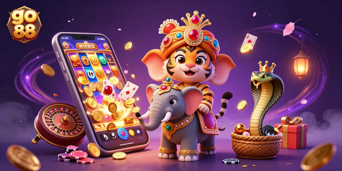 Engage in thrilling gameplay at go 88 with a vibrant scene featuring a jewel-encrusted elephant and slot games.