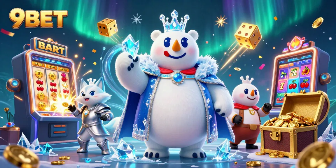 Experience excitement at 9BET with a thrilling 3D casino illustration full of vibrant game elements.