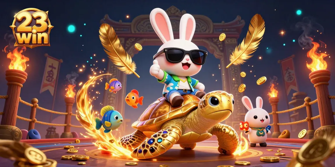 Experience the thrill of 23 win with a lucky rabbit and golden turtle in a vibrant casino scene.