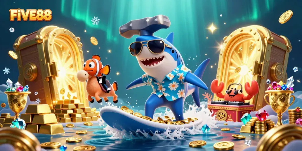 Experience excitement at FIVE88 with a vibrant underwater casino scene featuring a hammer-head shark and jewels.