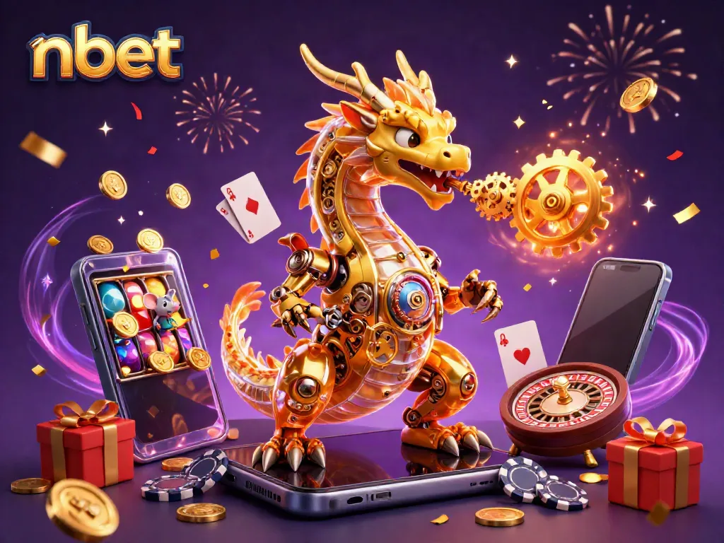 Experience nbet's thrilling gaming atmosphere featuring a golden dragon, slots, and poker elements.