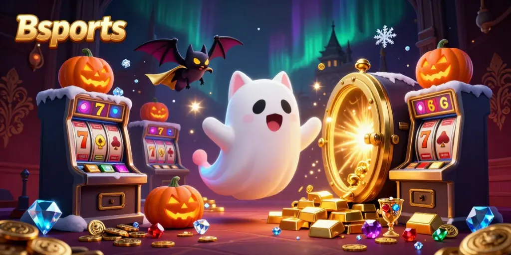 Engaging scene with a friendly ghost cat and bat in a haunted casino featuring Bsports themes with vibrant elements.