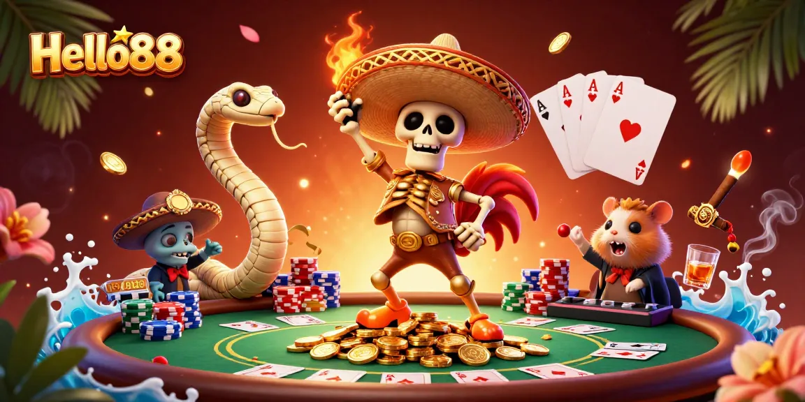 Experience the vibrant excitement of Hello88 with a lively 3D casino illustration showcasing winning characters.