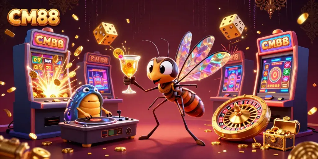Experience the excitement of CM88 with a vibrant casino scene featuring unique characters and game elements.