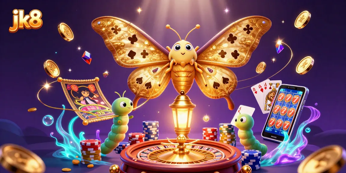 jk8 showcases a dynamic casino scene with golden butterflies and rich gaming elements, ensuring thrilling gameplay.