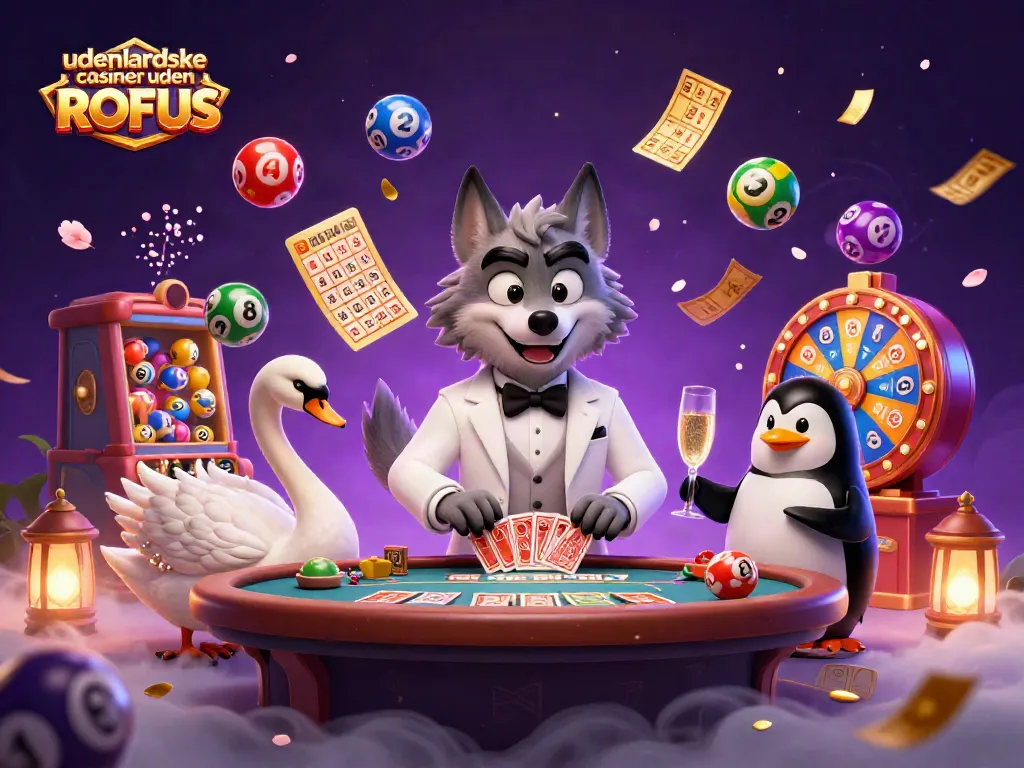 Engage with udenlandske casinoer uden ROFUS in a vibrant 3D casino scene with animated characters and festive elements.