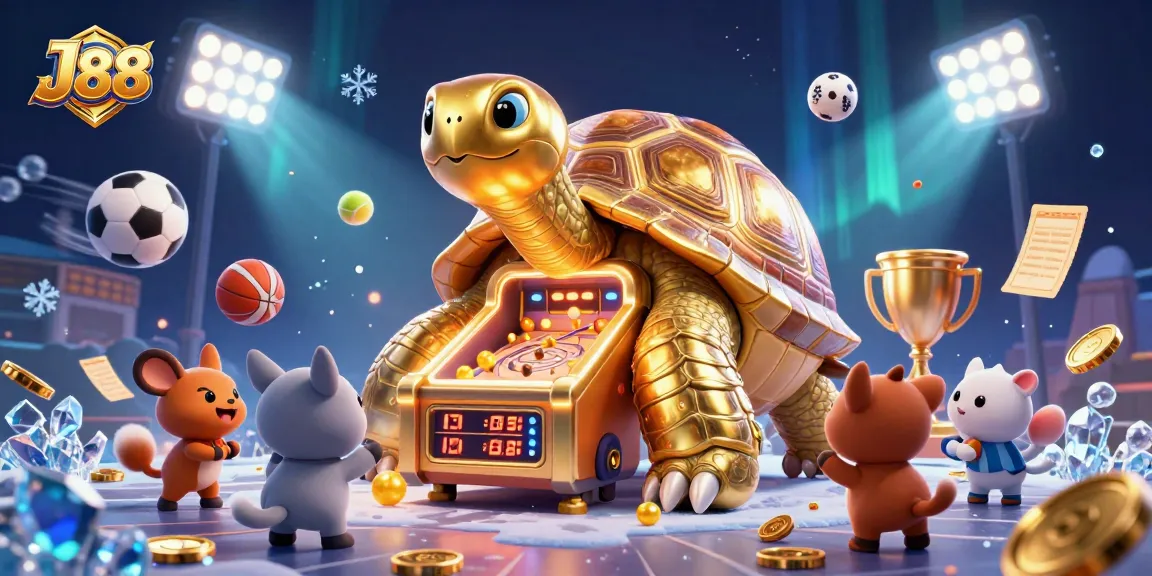 Play exciting games at J88 with this vibrant scene of a colossal tortoise pinball machine.
