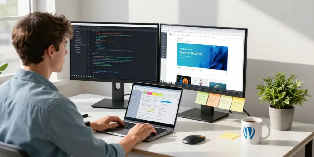Professioneel web-development kantoor met ontwikkelaar aan modern bureau en dubbele monitoren