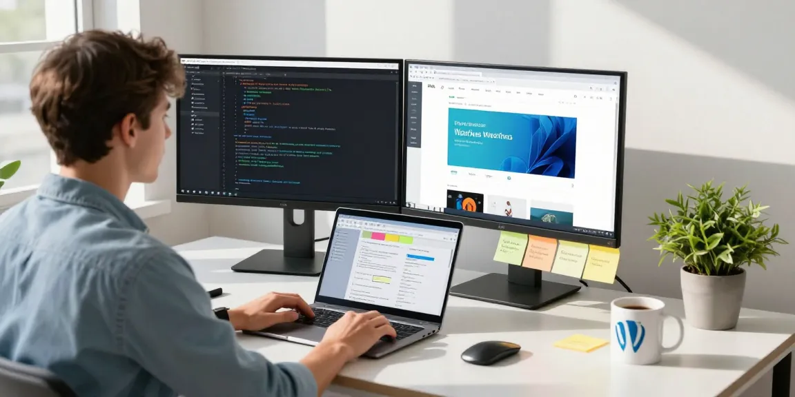 Professioneel web-development kantoor met ontwikkelaar aan modern bureau en dubbele monitoren
