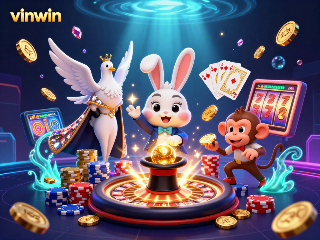 vinwin showcases exciting moments with a magician rabbit, dove, and monkey in a vibrant casino scene