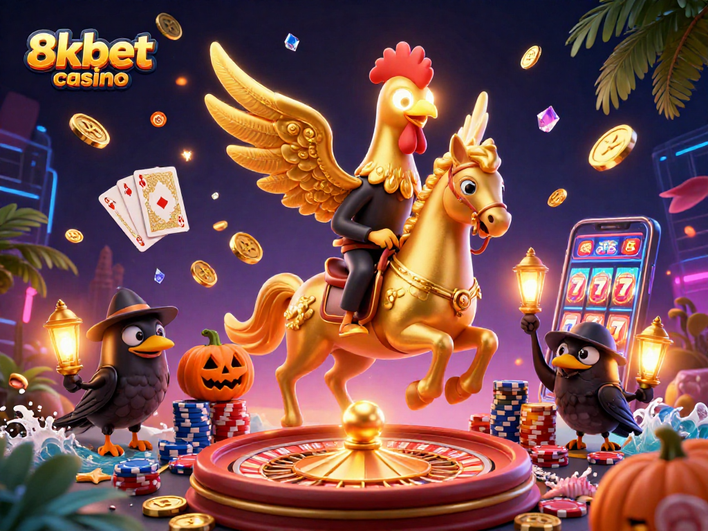 Experience the thrilling action at 8kbet casino with a golden rooster and friends amidst a vibrant gambling scene.