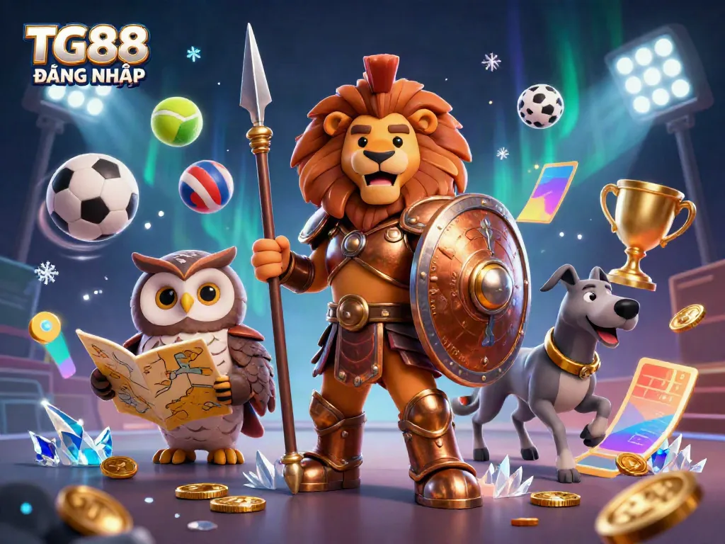 Win big at TG88 ĐĂNG NHẬP with a vibrant 3D casino illustration showcasing dynamic sports elements.