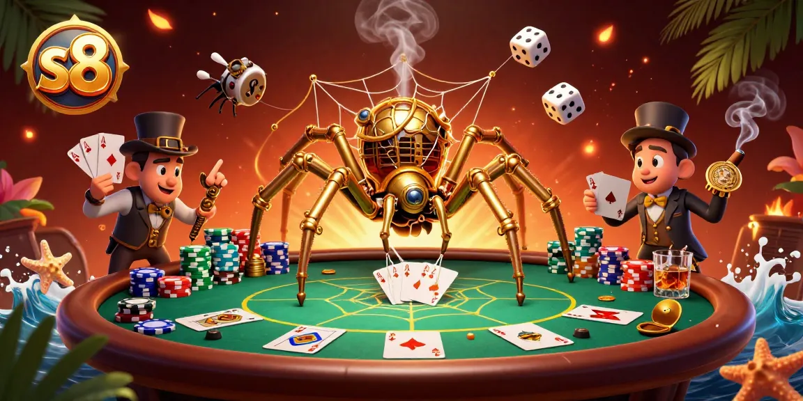 Immerse yourself in the thrill of s8 with a vibrant 3D illustration featuring a steampunk spider and poker elements.
