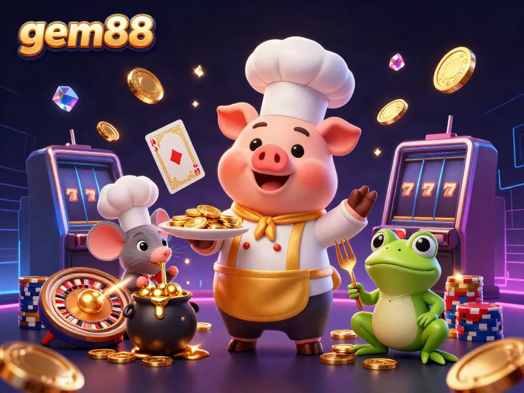 Experience gem88's thrilling gaming world with vibrant characters and dazzling casino elements.
