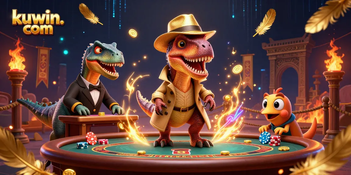 Engage with kuwin. com by exploring a dynamic casino scene with a velociraptor card counter and colorful gambling elements.