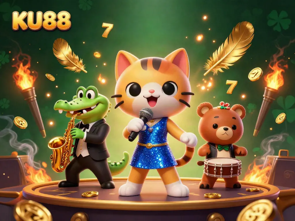 Discover the excitement of KU88 as a cartoon cat sings in a casino, surrounded by gold coins and vibrant elements.