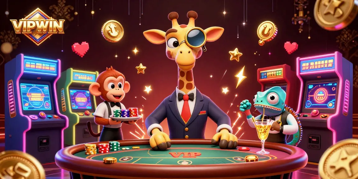 Engage with VIPWIN's thrilling world as a giraffe high-roller plays poker, surrounded by vibrant gaming elements.