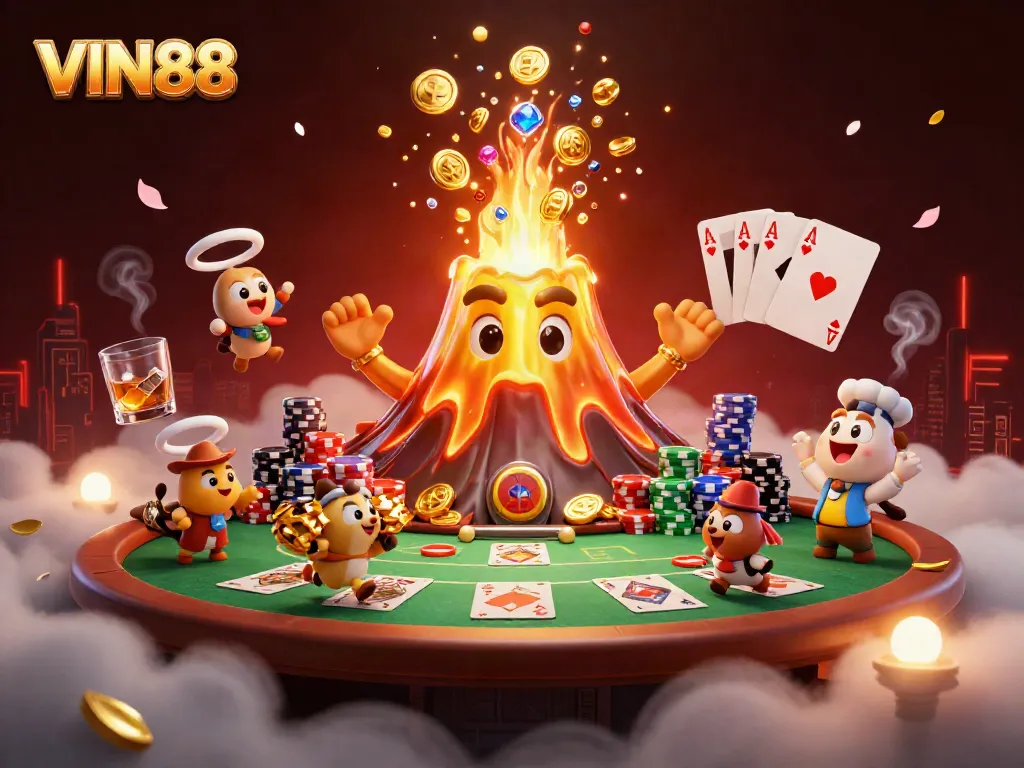 Experience thrilling moments at VIN88 Casino with a glorious golden volcano erupting treasures and intense poker action.
