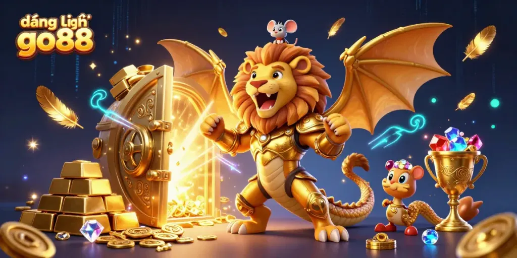 Đăng ký go88 với phong cách hình ảnh chi tiết, chú chimera vàng mạnh mẽ và kho báu lấp lánh.