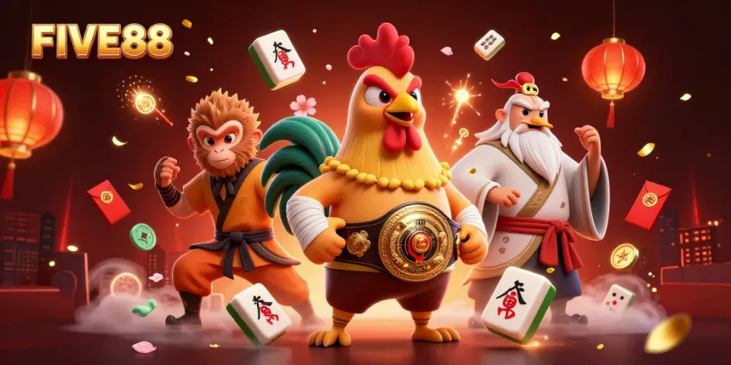 Experience thrilling action in the FIVE88 gaming universe, featuring martial arts characters amidst dynamic casino elements.