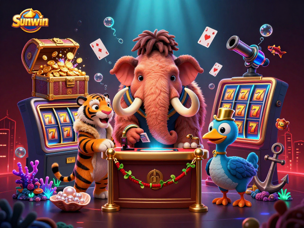 sunwin's vibrant 3D casino scene showcases a mammoth bouncer checking IDs among dynamic gambling elements.