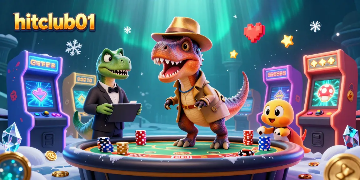 Play at hitclub01 with a velociraptor card counter amidst vibrant casino games and mystic elements.