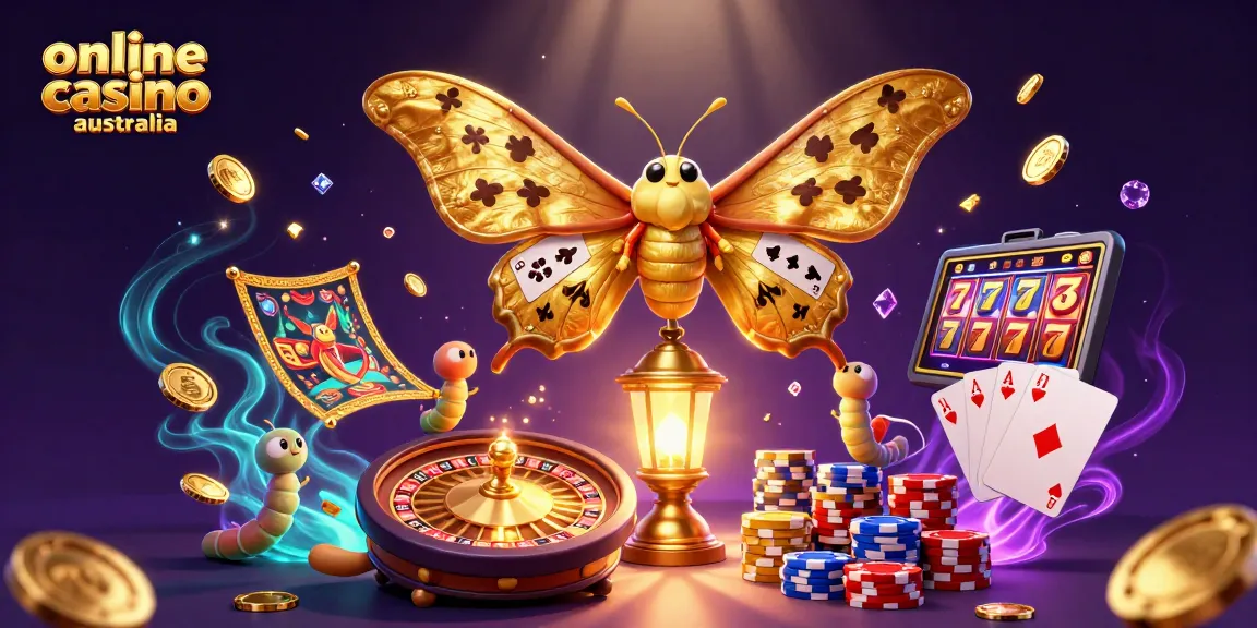 Experience vibrant gaming with online casino australia, showcasing a moth, golden coins, and slot reels.