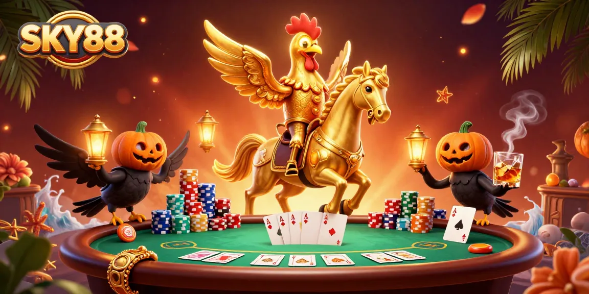 Join the excitement at SKY88 as a golden rooster rides through a midnight casino!
