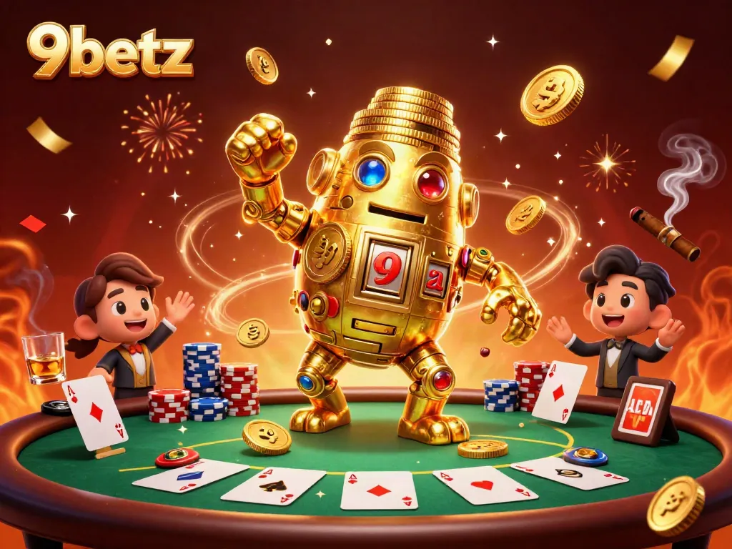 Engage in captivating gameplay at 9betz with a dynamic golden golem surrounded by poker excitement and allure.