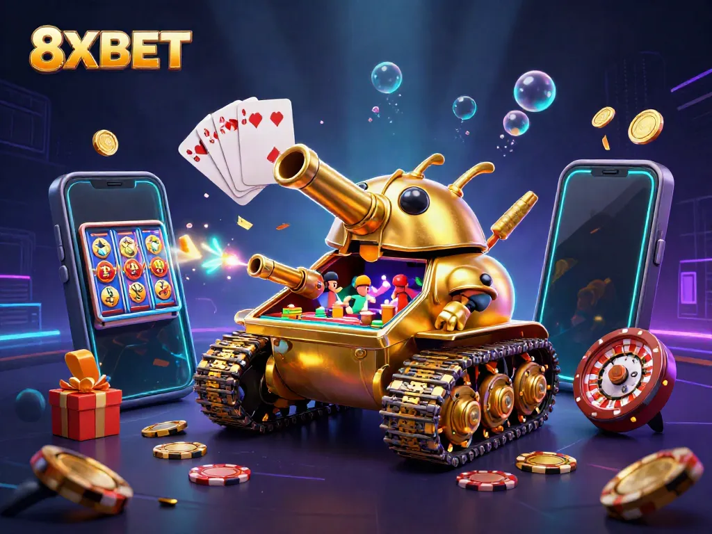 Engage with 8XBET's thrilling casino experience inside a golden beetle tank revealing vibrant games and festive elements.
