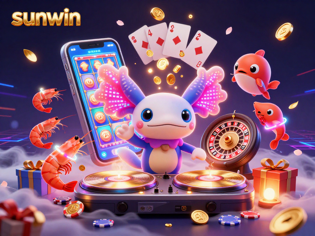 Sunwin promotes excitement with vibrant casino characters and thrilling games in a dynamic 3D scene.