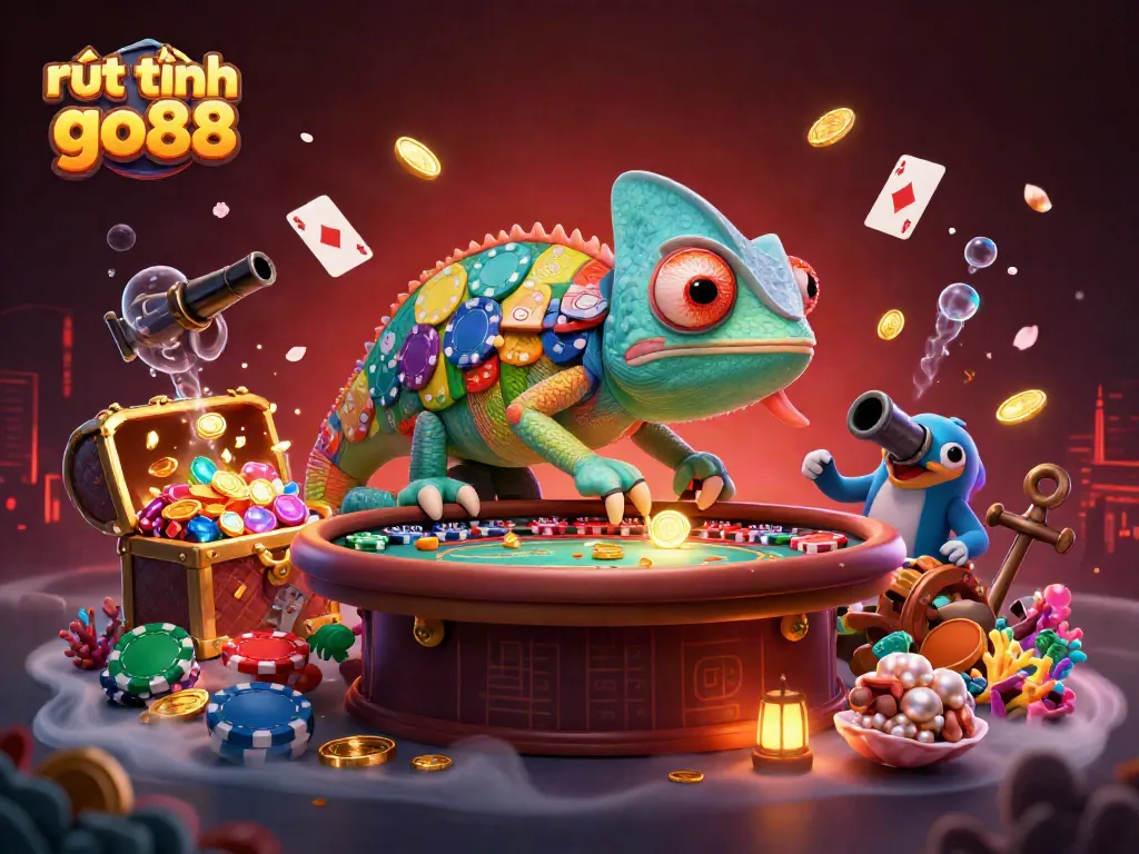 Experience rút tiền go88 through vibrant cartoon casino adventure with a chameleon character.
