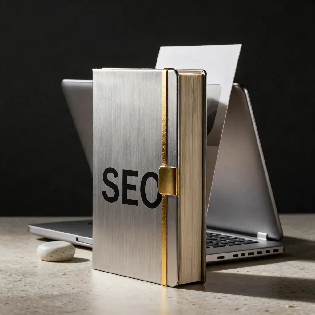 Premium SEO-gids in een slipcase met goudaccenten, naast laptop en steen op travertin