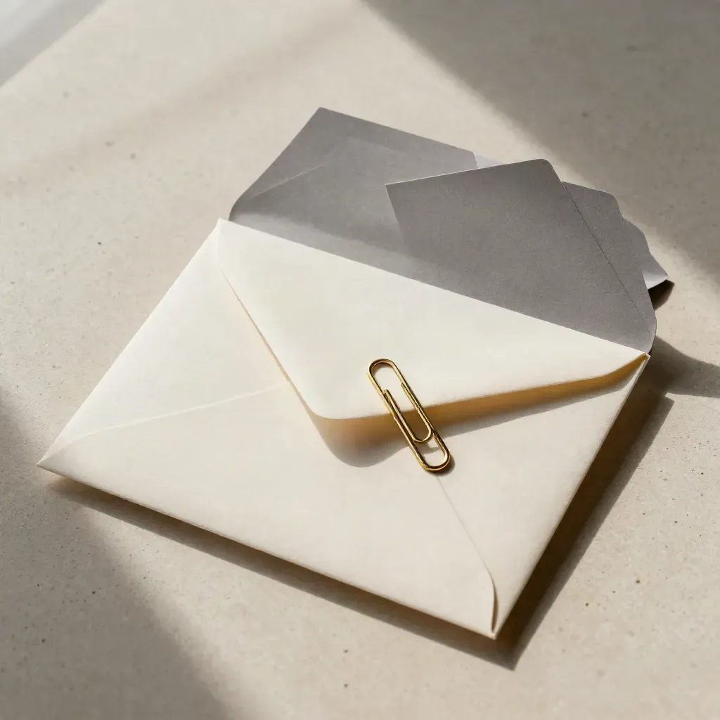 Offerte-set met envelopsleeve, proposal folder en brass clip op lichte kalksteen.