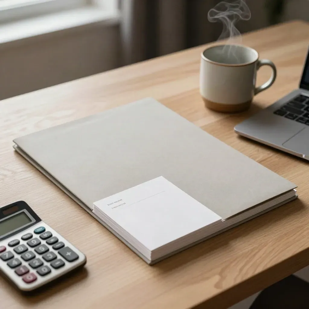 Freelance starterbundle op een eiken werkbank met laptop, map en mok in zacht daglicht.